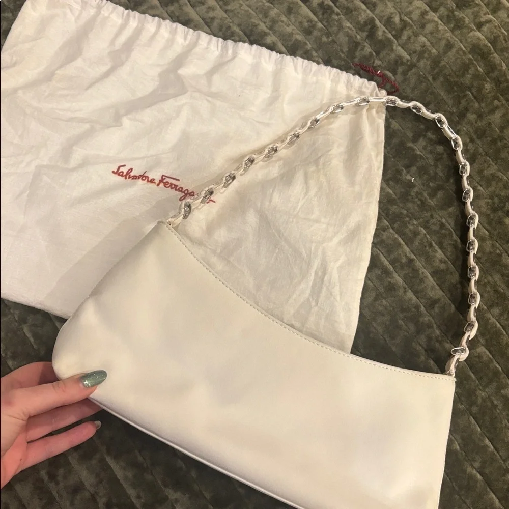 Salvatore Ferragamo Chain Vala Shoulder Bag Nylon in White